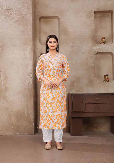 Yellow Resham Embroidered Cotton Kurta Set