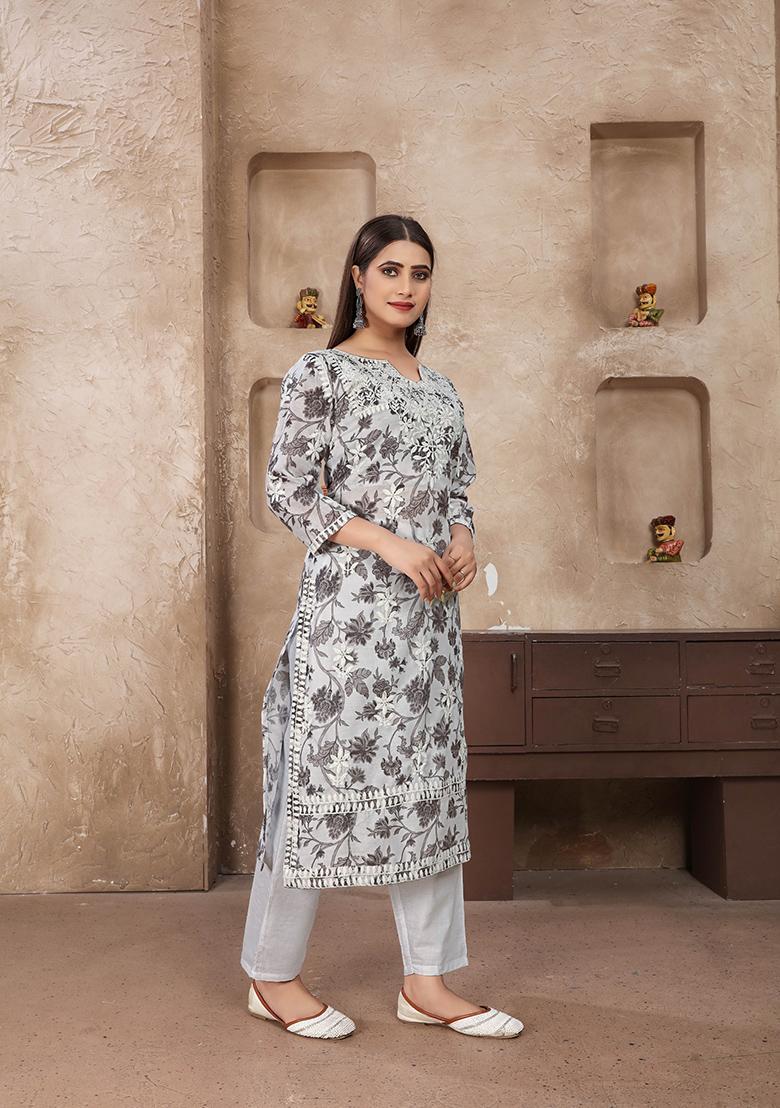 Grey Resham Embroidered Cotton Kurta Set