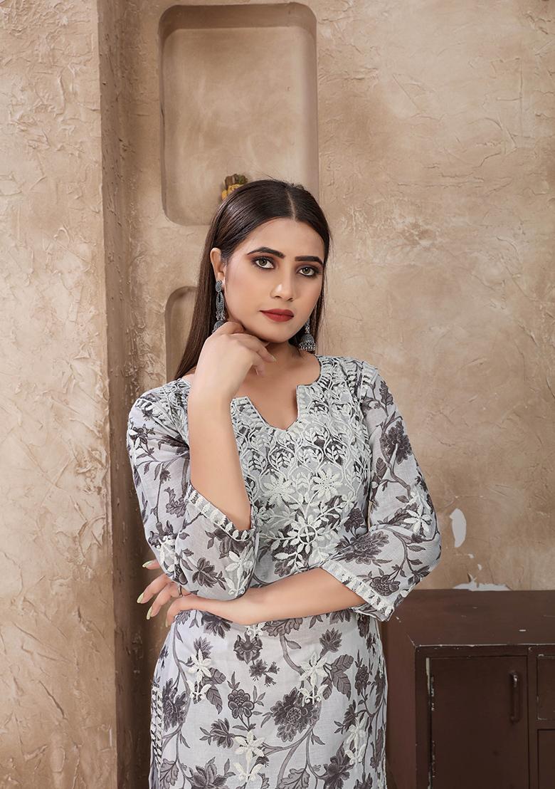 Grey Resham Embroidered Cotton Kurta Set