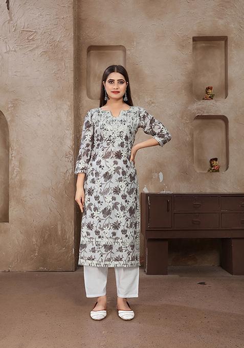 Grey Resham Embroidered Cotton Kurta Set