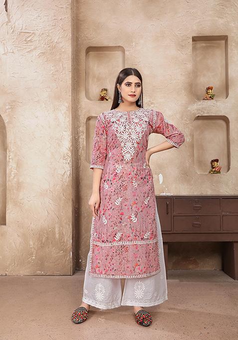 Pink Resham Embroidered Cotton Kurta Set