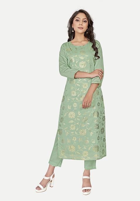 Sea Green Printed Silk Kurta