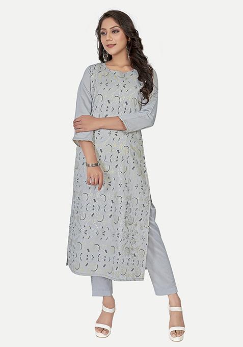 Grey Printed Silk Kurta