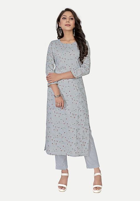 Grey Printed Silk Kurta