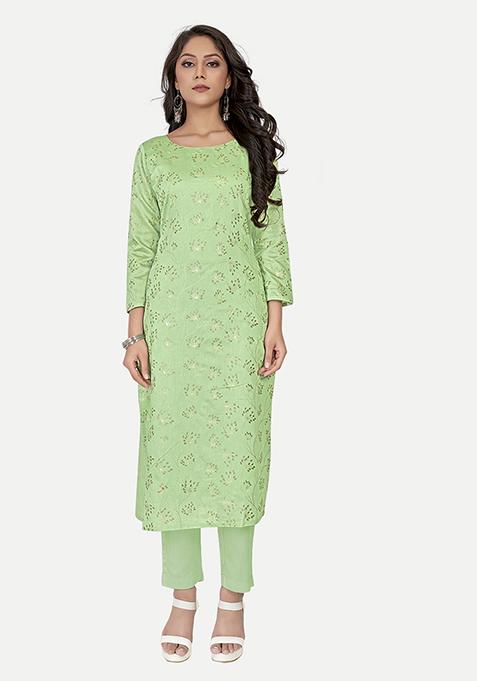 Green Printed Silk Kurta