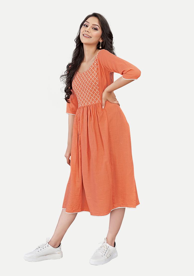 Orange Resham Embroidered Cotton Kurta