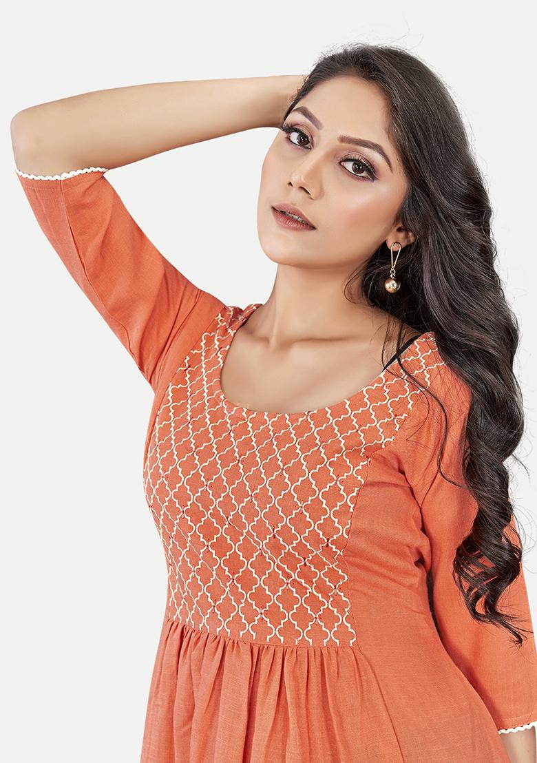Orange Resham Embroidered Cotton Kurta