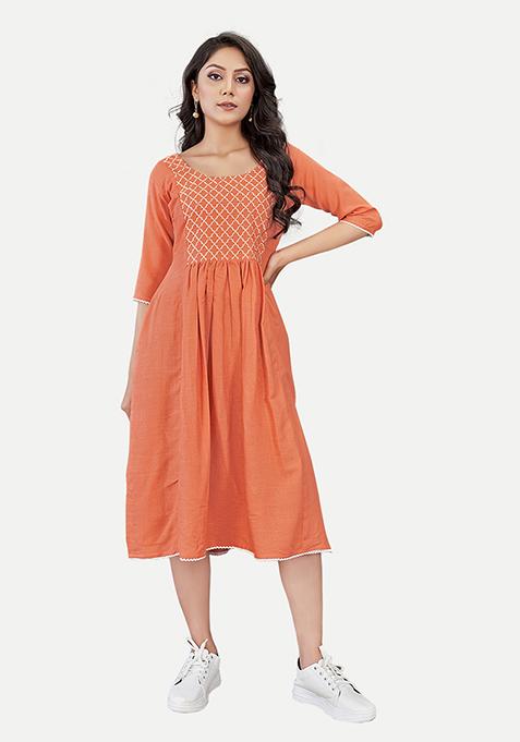 Orange Resham Embroidered Cotton Kurta