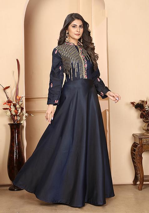 Blue Zari Embroidered Silk Gown