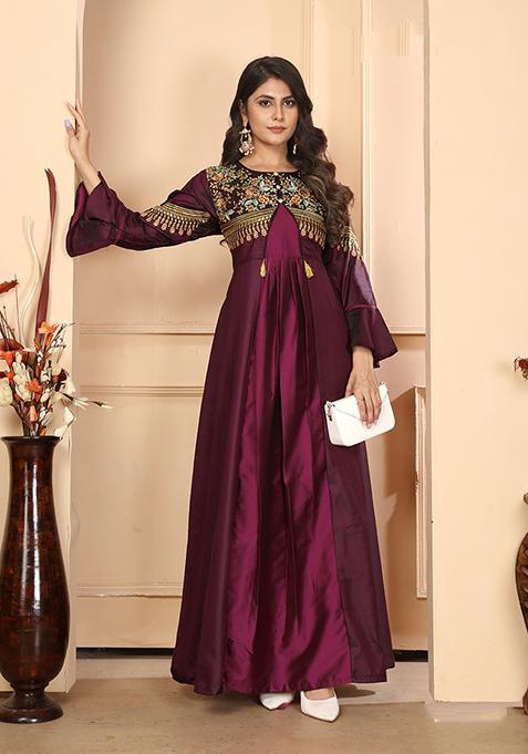 Wine Zari Embroidered Silk Gown