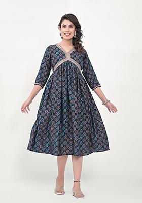 Navy Blue Abstract Print Art Silk Kurta