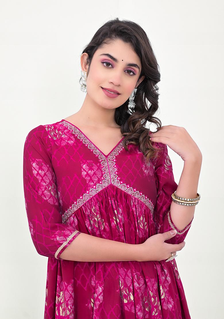 Magenta Abstract Print Art Silk Kurta - Indya