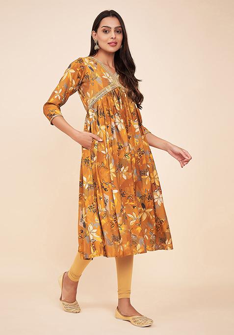 Yellow Abstract Print Art Silk Kurta