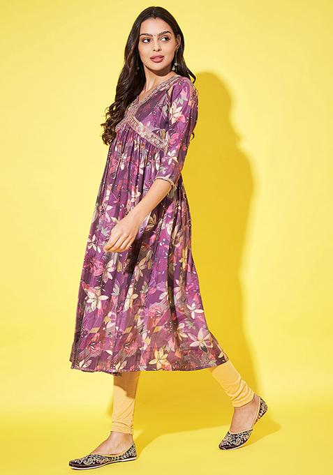 Purple Abstract Print Art Silk Kurta