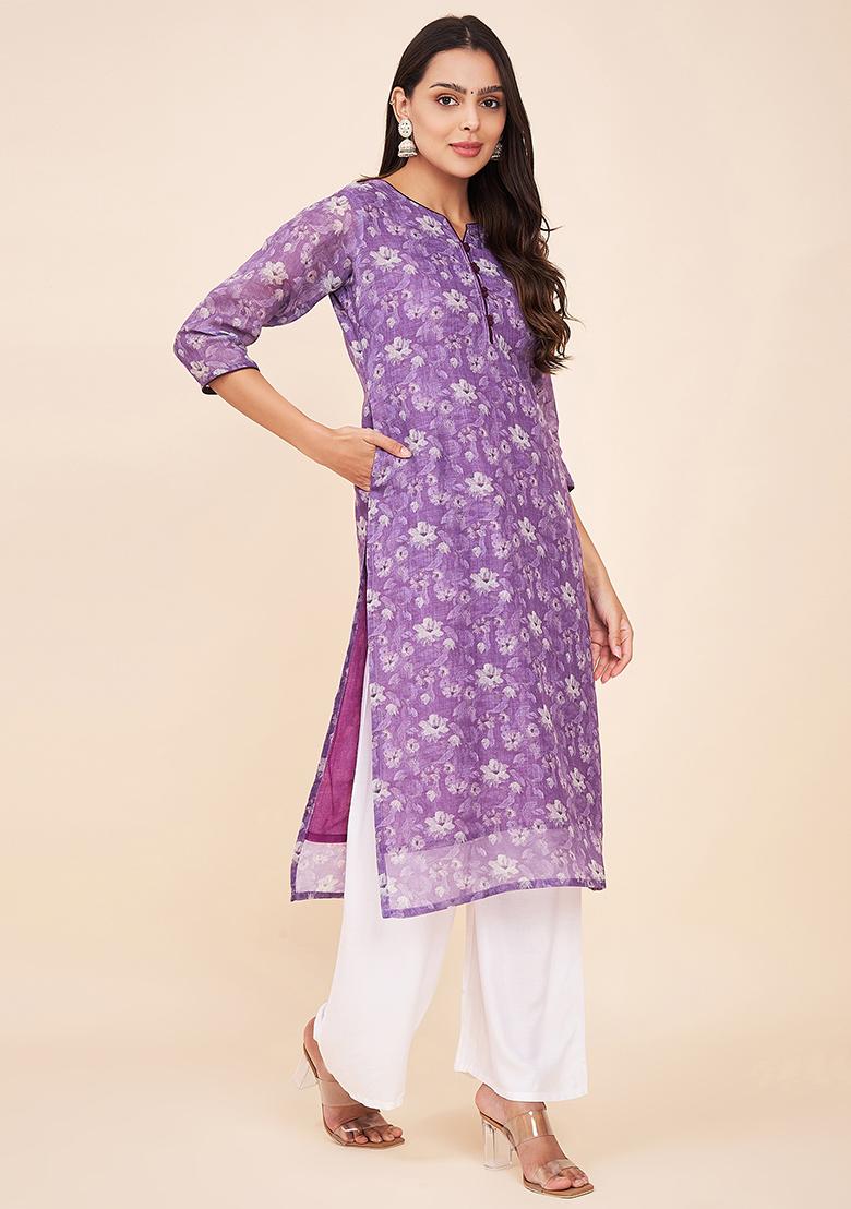 Purple Abstract Print Linen Kurta