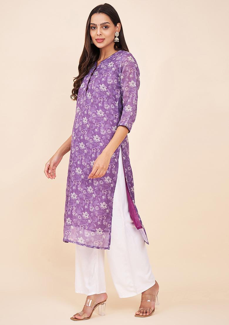 Purple Abstract Print Linen Kurta