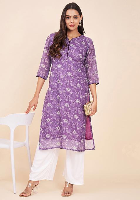 Purple Abstract Print Linen Kurta