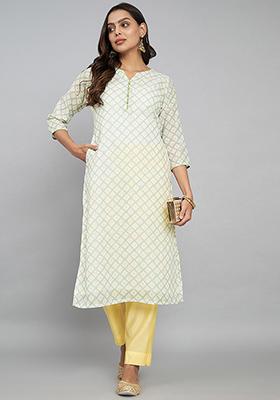 Green Abstract Print Linen Kurta
