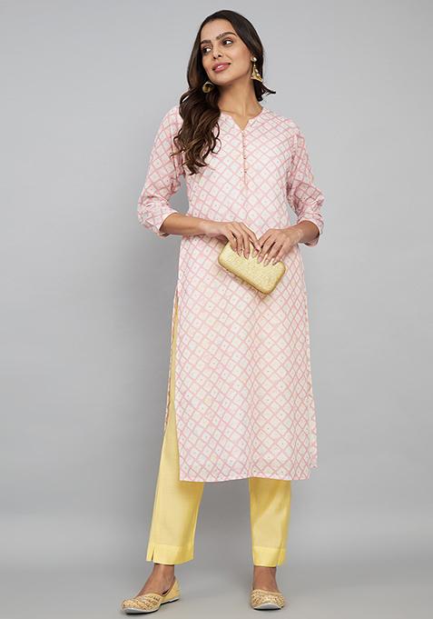 Pink Abstract Print Linen Kurta