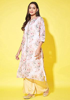 Beige Abstract Print Linen Kurta