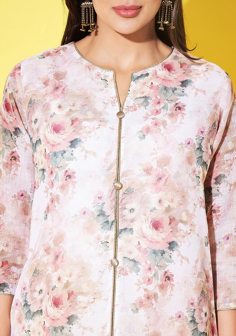 Beige Abstract Print Linen Kurta - Indya