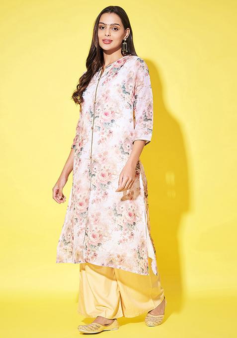 Beige Abstract Print Linen Kurta