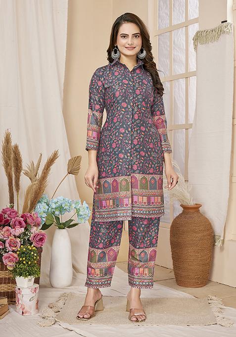 Grey Abstract Print Rayon Kurta Set