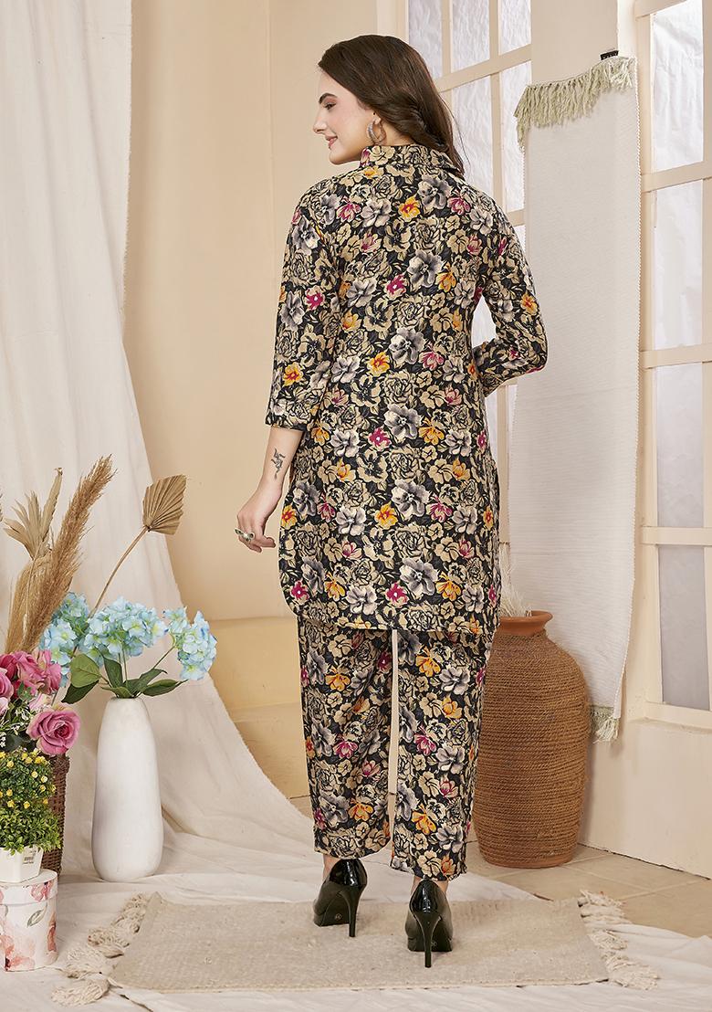 Black Abstract Print Rayon Kurta Set - Indya