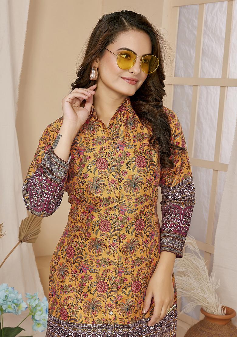 Mustard Abstract Print Rayon Kurta Set - Indya