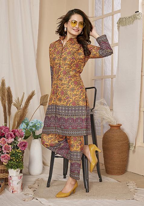 Mustard Abstract Print Rayon Kurta Set