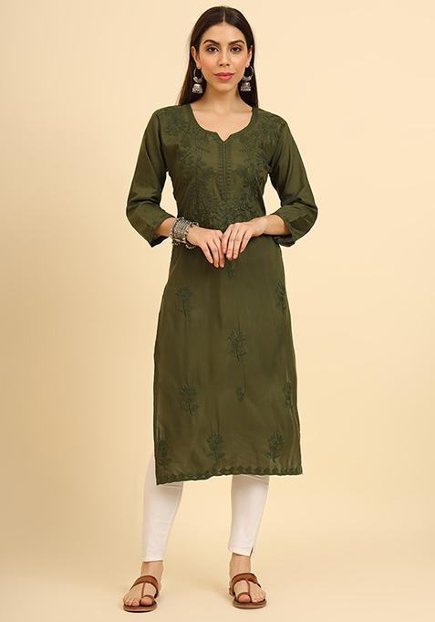 Green Resham Embroidered Cotton Kurta