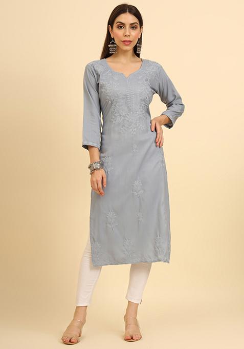 Grey Resham Embroidered Cotton Kurta