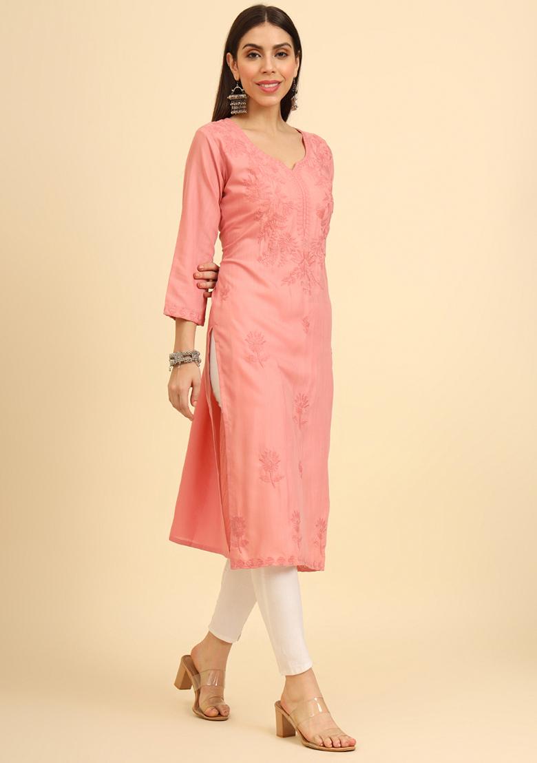 Peach Resham Embroidered Cotton Kurta