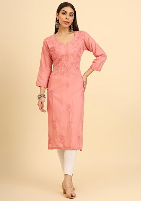 Peach Resham Embroidered Cotton Kurta