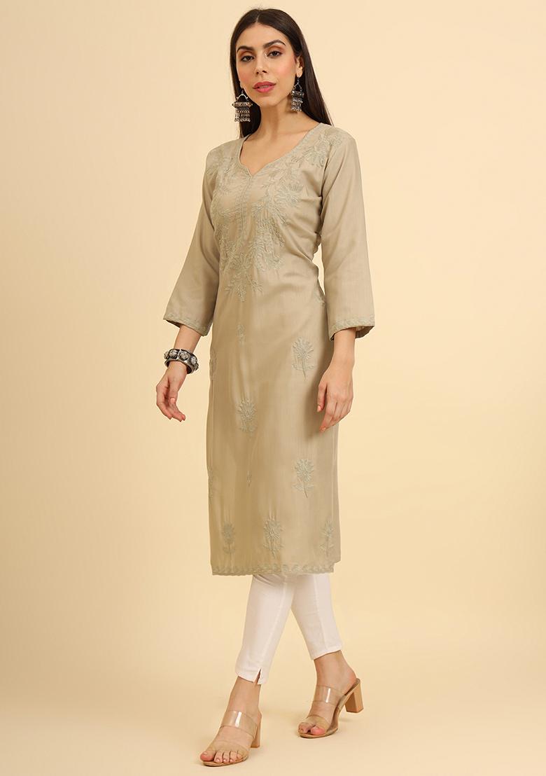 Beige Resham Embroidered Cotton Kurta