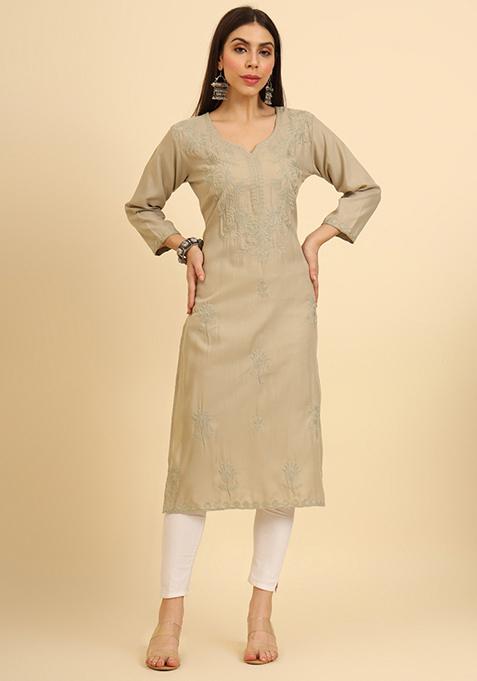 Beige Resham Embroidered Cotton Kurta