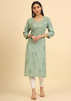 Green Resham Embroidered Cotton Kurta