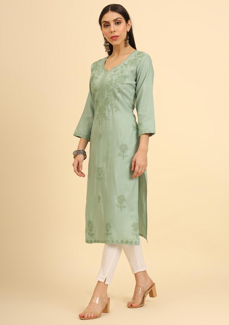 Green Resham Embroidered Cotton Kurta