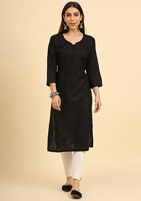 Black Resham Embroidered Cotton Kurta