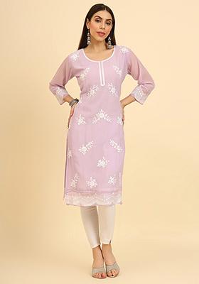 Purple Resham Embroidered Georgette Kurta
