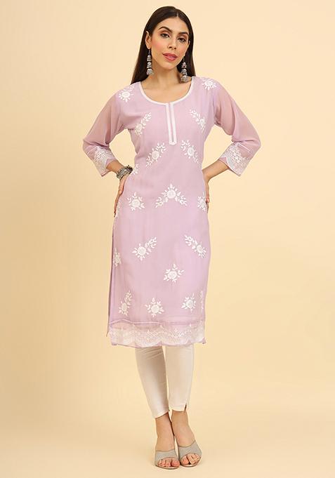 Purple Resham Embroidered Georgette Kurta