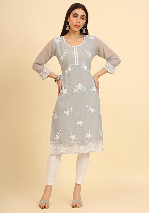 Grey Resham Embroidered Georgette Kurta