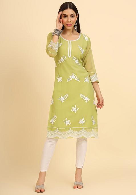 Green Resham Embroidered Georgette Kurta