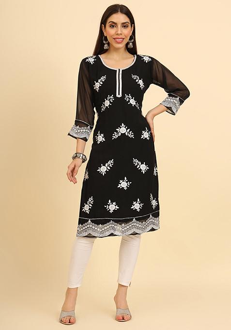 Black Resham Embroidered Georgette Kurta