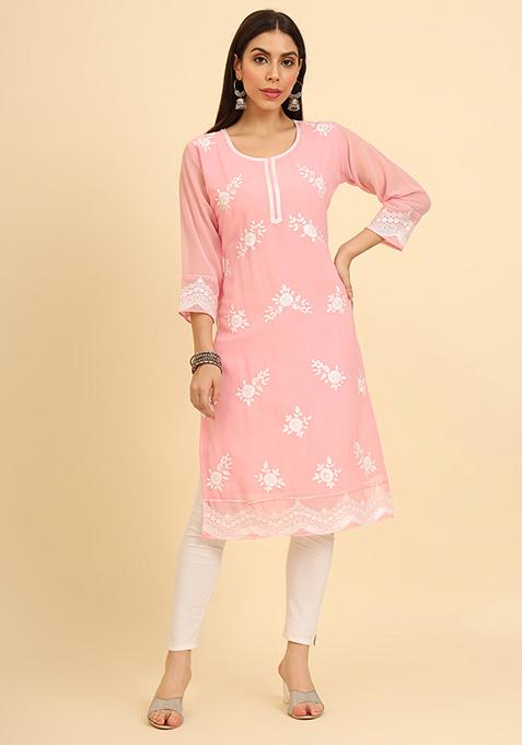 Pink Resham Embroidered Georgette Kurta