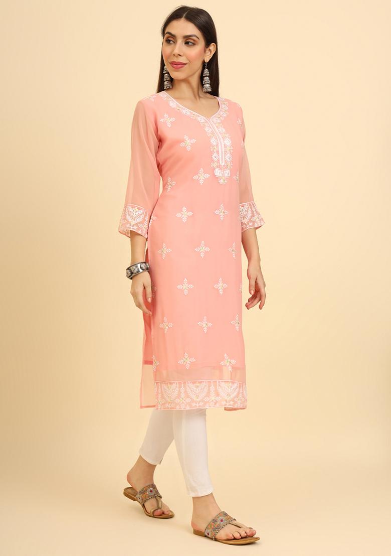 Peach Resham Embroidered Georgette Kurta
