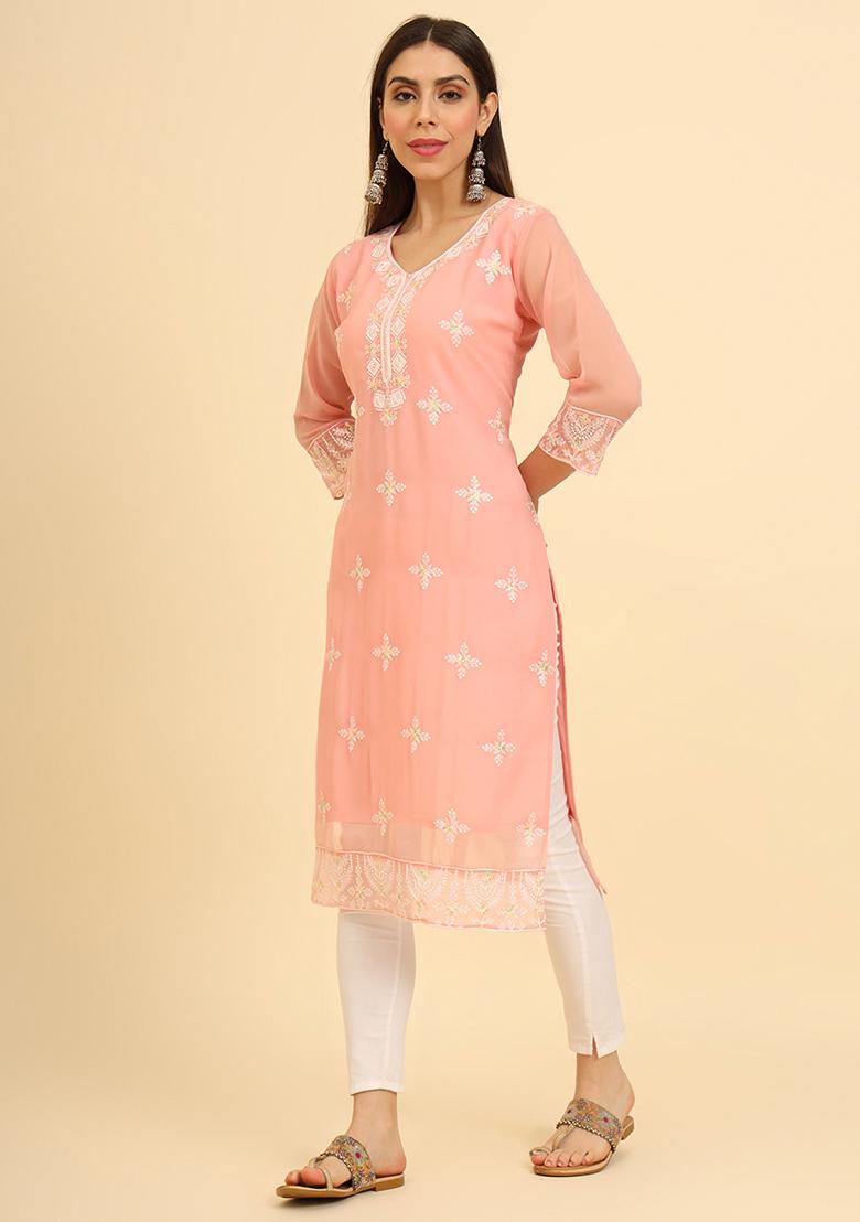 Peach Resham Embroidered Georgette Kurta