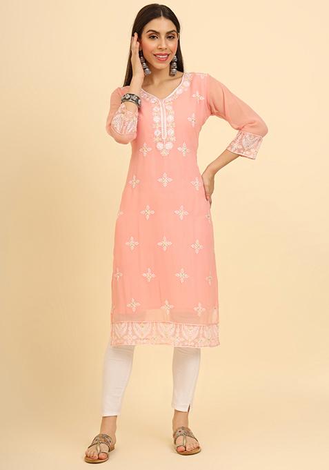 Peach Resham Embroidered Georgette Kurta