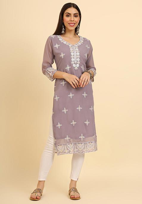 Purple Resham Embroidered Georgette Kurta