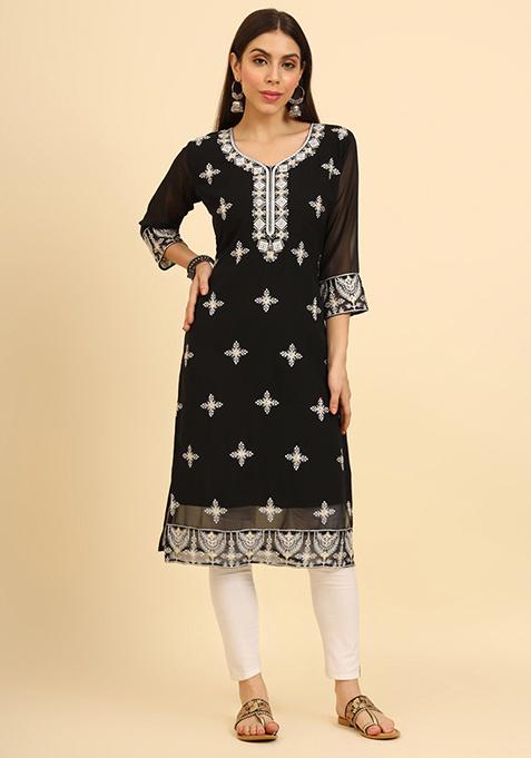 Black Resham Embroidered Georgette Kurta